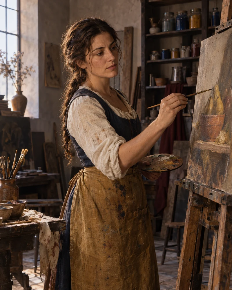 A woman in a historic artist's studio