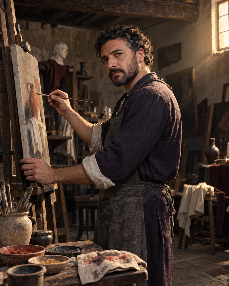 A man in a historic artist's studio