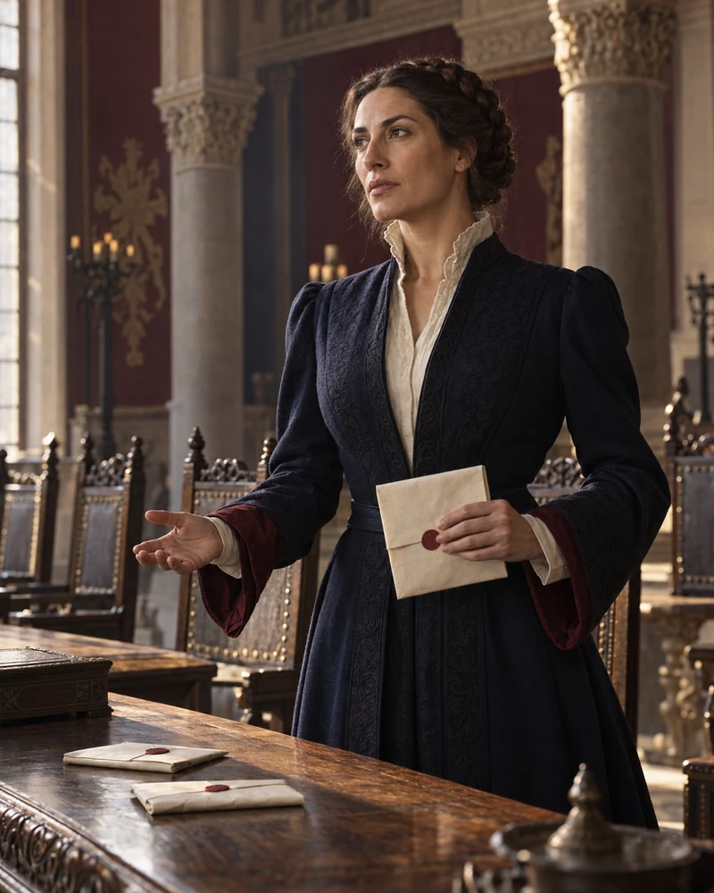 A woman in a formal historic room