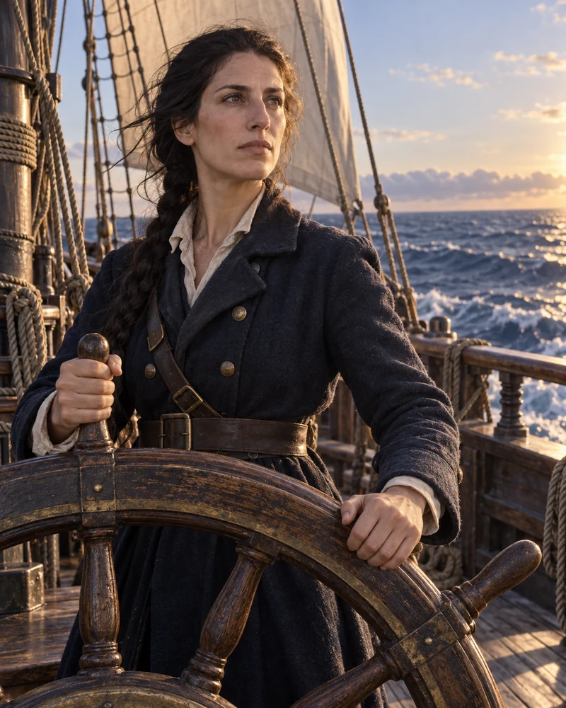 A woman looking out from the deck of a sailing ship