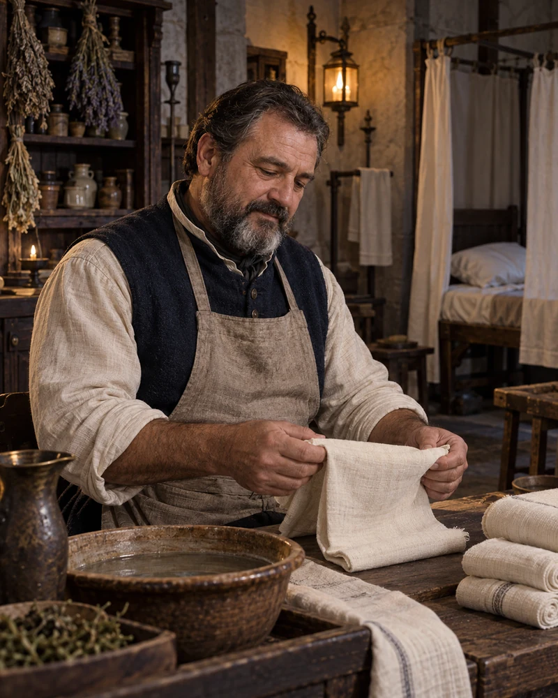A man preparing herbs at a worktable