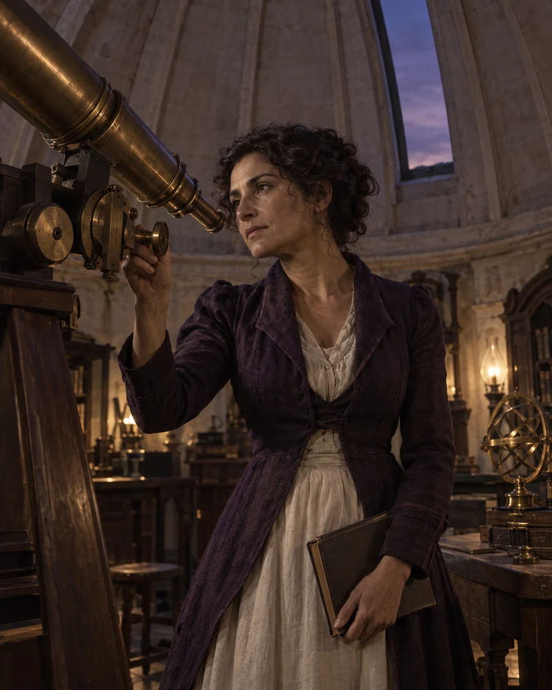 A woman in a candlelit historic setting