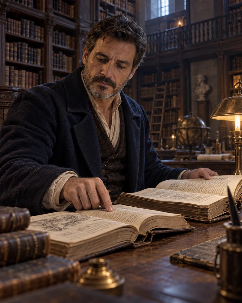 A man reading an old book in a library
