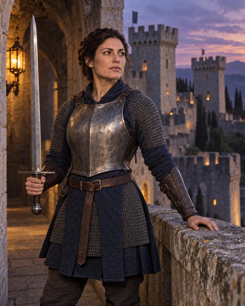 A woman in historic warrior's clothing